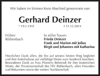 Traueranzeige von Gerhard Deinzer von Pegnitz-Zeitung